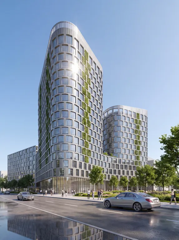 现代都市商业建筑摄影，仰视广角构图。主体为相连的流线型弧面现代大楼，外立面覆盖银灰色金属格栅与圆角矩形玻璃幕墙，局部立面带有垂直绿化植被，高处玻璃反射出耀眼阳光