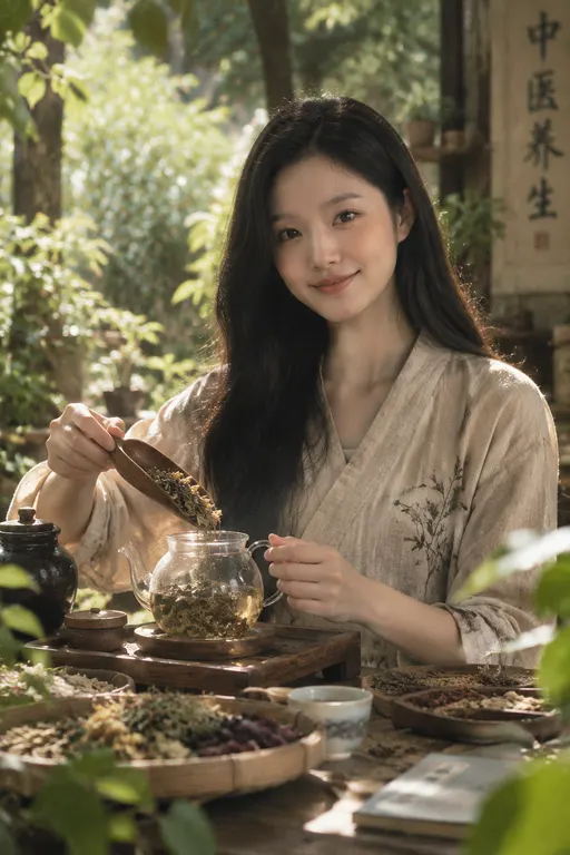 专业户外人像摄影，中景拍摄，大片既视感，呈现朦胧诗意且带有独特颗粒感，电影感镜头。20岁图1亚洲女孩，五官绝美，妆容精致，在中医养生馆制作中药茶，绿植点缀，抓拍