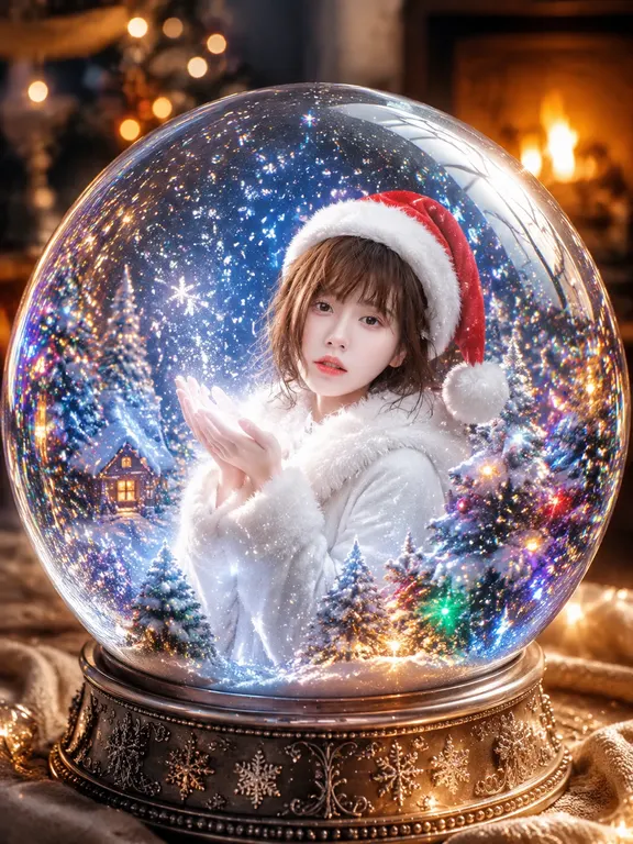 （超现实主义、奇幻艺术、微距摄影风格）。一幅充满魔幻色彩的作品，将特定人物置于一个巨大的、真人大小的玻璃雪球中。[关键：保持面部与原图一致，在玻璃变形中保持面部