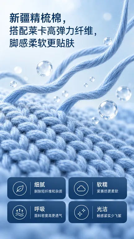 超写实棉纺面料微距商业3D渲染，8K超清，干净柔和简约电商详情页海报，竖版构图，微距特写视角，画面下半部分是大面积蓝色精梳棉编织织物，纱线股线纹理清晰饱满，数根