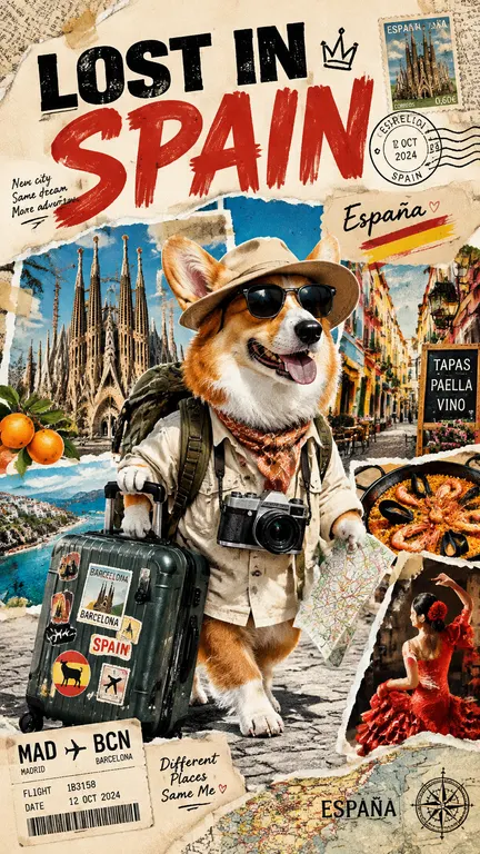 【西班牙】设计一张具有强烈视觉冲击力的风格化旅行海报 / Editorial Graphic Collage（编辑式图形拼贴）。 主角 画面主体是一位正在【西班