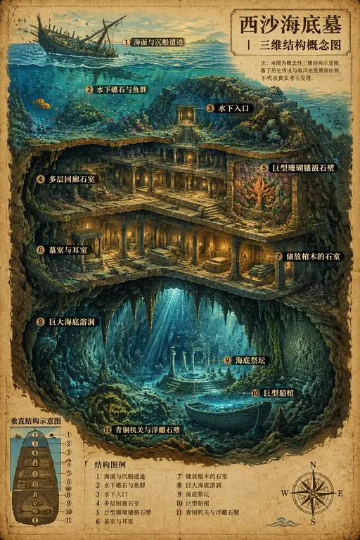 竖版构图，复古泛黄羊皮纸背景，三维剖视概念插画，剖面切开海底山体，展示多层水下古墓「西沙海底墓」完整内部结构。上层：海面波光，沉船遗迹，水下礁石与鱼群，水下入口