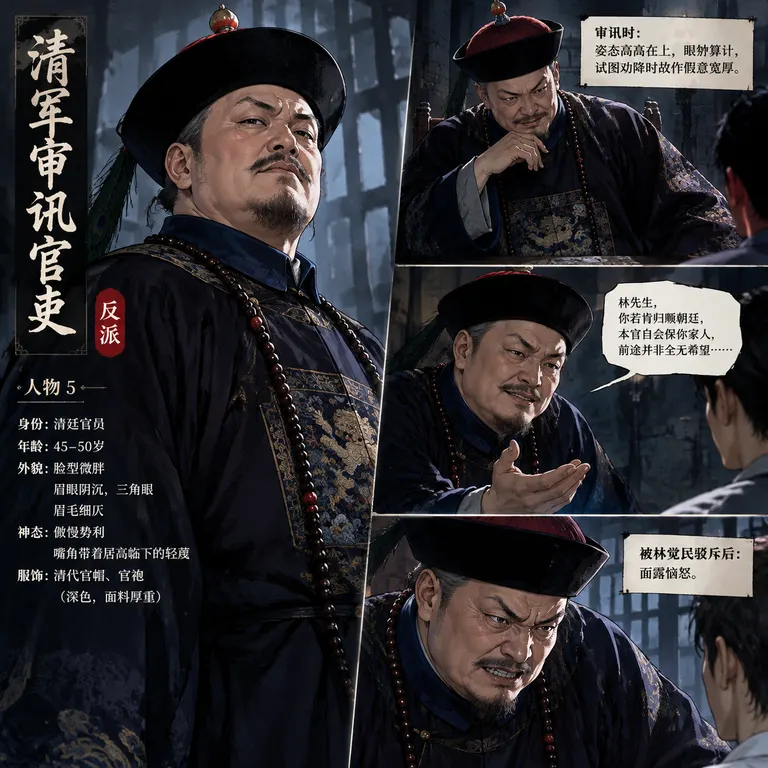 人物5：清军审讯官吏（反派） AI人物生成段（漫剧角色卡） 国风漫画中年男性，45‑50岁，清廷官员，脸型微胖，眉眼阴沉，三角眼，眉毛细仄，神色傲慢势利，嘴角带