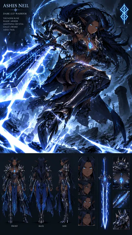dark elf female warrior, Ashes Neil, deep bronze dark brown skin, long sharp elf