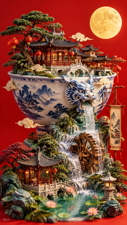 竖版构图，超现实微缩中式沙盘模型，喜庆正红色纯色背景，巨大青花瓷碗，碗身绘青花山水纹样，碗前端雕刻瑞兽龙头，龙口倾泻流水瀑布；碗上方复刻上海豫园建筑，飞檐古亭、