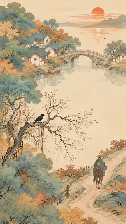提示词： 【古诗词】{枯藤老树昏鸦，小桥流水人家，古道西风瘦马。夕阳西下，断肠人在天涯。} 【核心场景】{填写或由AI提取} 【关键意象】{填写或由AI提取} 