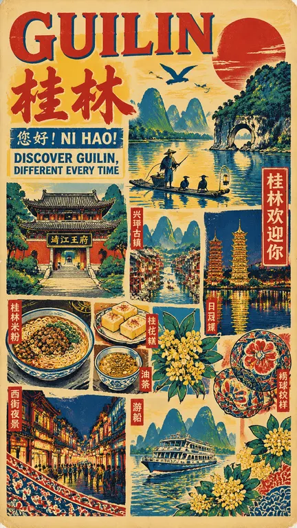 竖版复古拼贴旅行海报，美式复古版画拼贴风格，多区块分栏版式，做旧泛黄纸张纹理。画面集合桂林地标：漓江喀斯特峰林、象鼻山、靖江王府、兴坪古镇、日月双塔；桂林特色元