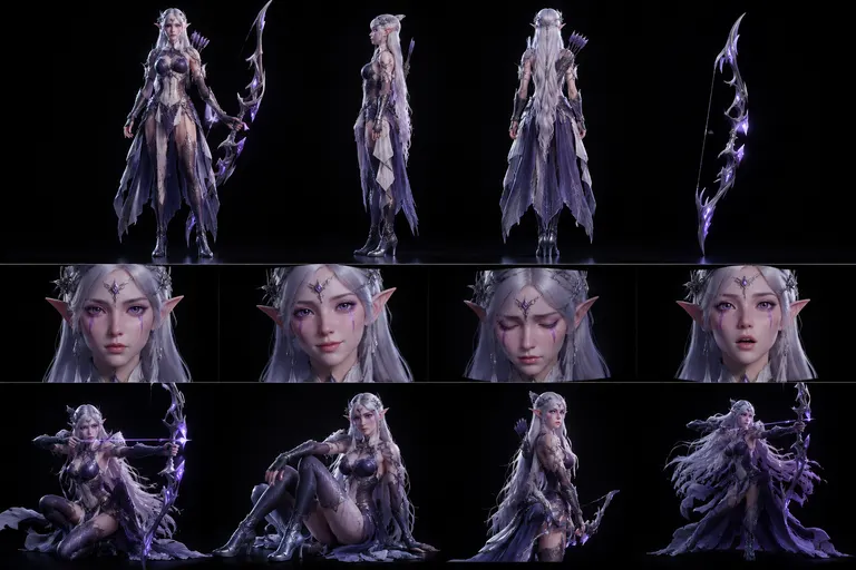 画风：3D游戏CG，OC渲染质感； 主体：一个高等女性精灵，瘦长身材，脸上紫色泪痕状符文，手持长弓，深色纯色背景； 灯光，角色面光，45度侧光，边缘光； 构图：