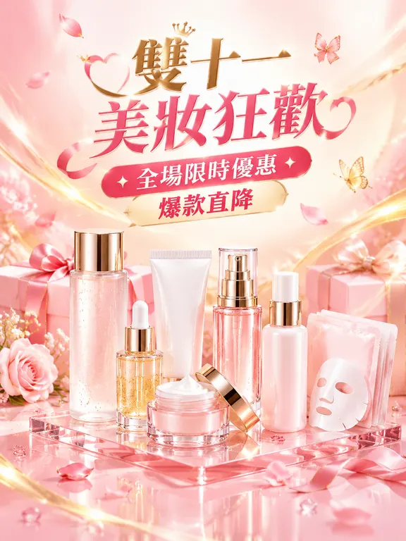制作一张2026双十一美妆护肤大促海报，精华液、面霜、爽肤水、面膜、乳液等护肤产品整齐摆放在粉色玻璃台面上，周围有花瓣、水珠、蝴蝶结、礼盒和金色流光，背景采用粉