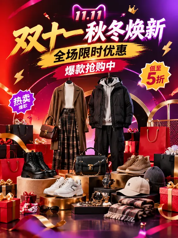 制作一张2026双十一服装大促海报，女装、男装、鞋子、包包、帽子和配饰组合陈列在年轻潮流摄影棚中，背景采用红色、黑色、紫色和金色渐变，加入购物袋、礼盒、彩带、闪