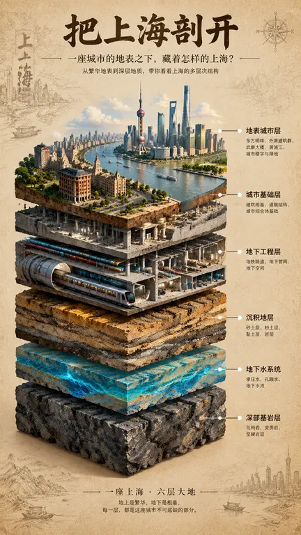 竖版科普剖面插画，分层剖切立体城市剖面图，主题：把上海剖开。画面纵向分层拆解城市结构，从上至下依次：地表城市层（东方明珠、外滩建筑群、武康大楼、黄浦江、城市楼宇