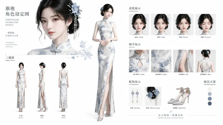 3:4竖版，超写实东方女性旗袍角色设定图，纯白背景，高级商业棚拍质感。年轻女性，黑色盘发，蓝色花朵发饰，珍珠流苏耳环，清透淡妆，温婉知性气质。身穿象牙白底、灰蓝