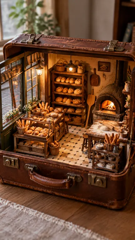 9:16 detailed miniature scene photographed realistically. Inside an open vintage