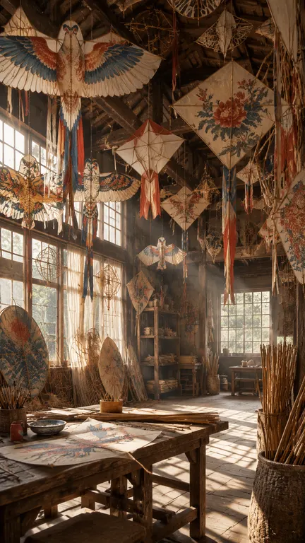 9:16 warm documentary interior photograph. A traditional kite workshop where doz