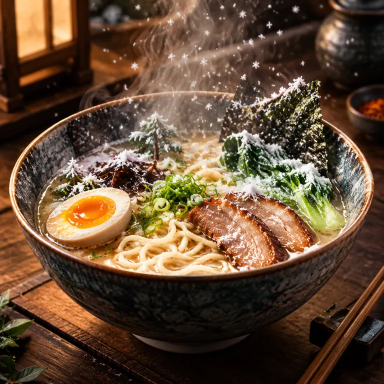 1:1 imaginative food still life, photorealistic. A steaming bowl of ramen on a d