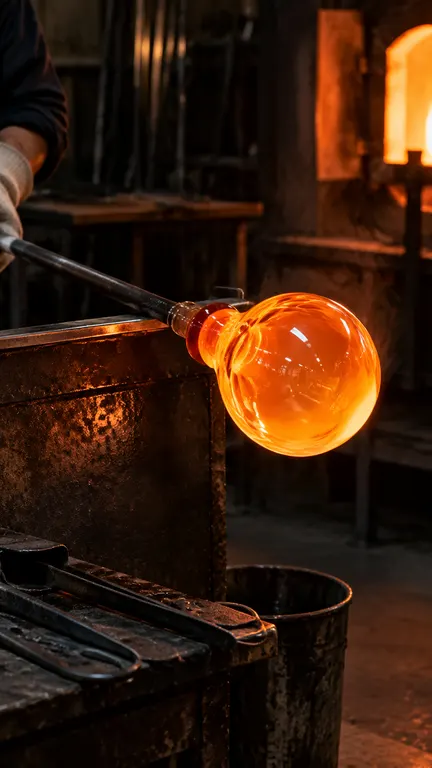 9:16 close documentary craft photograph. A glowing orange molten glass sphere on