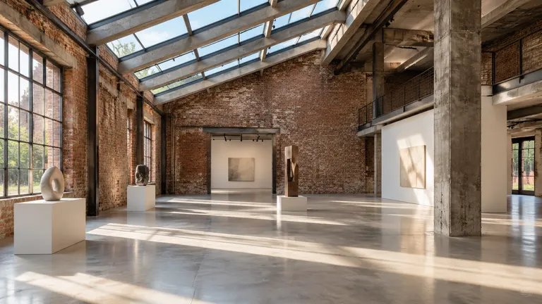 16:9 interior architecture photograph. A converted old factory gallery with sawt