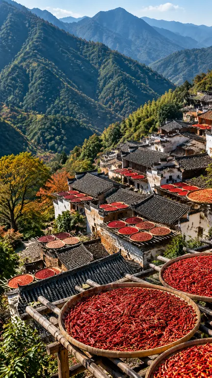 9:16 high-end documentary aerial photograph. A hillside village in southwest Chi