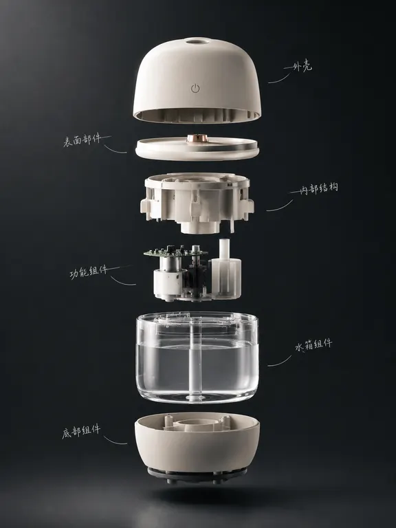 制作一张艺术化的产品爆裂分解图，产品为【产品名称】。产品主体位于画面中央，按照真实的内部装配顺序进行层层拆解：外壳、表面部件、内部结构、功能组件和底部组件沿合理