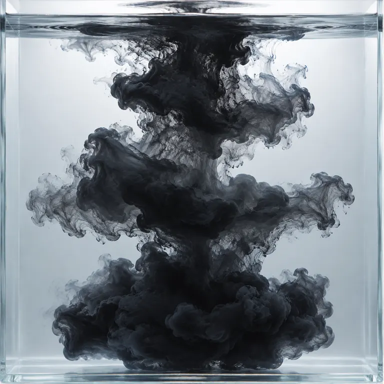 1:1 黑墨在透明水槽中向下沉积，形成像雨云一样的层层絮状边缘，最深处仍留有水的透明感；竖幅静态近拍，顶部光线淡而均匀。