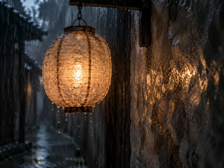 4:3 湿版摄影质感，一盏旧纸灯被雨水打湿后悬在空巷，纸纤维、滴水和灯内微光清楚，墙面留下不规则反射；平视偏侧构图，画面只保留灯与雨，不出现人、招牌和文字。