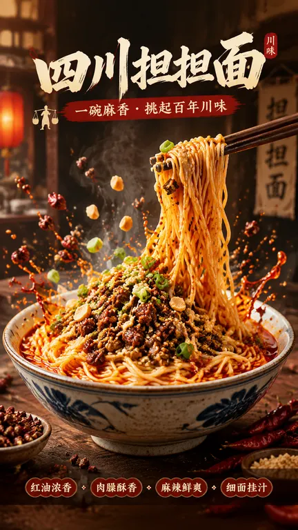 【菜品信息】 菜品名称：四川担担面 菜品类型：担担面 / 川味面食 核心食材：细面条、芽菜、肉臊、花生碎、葱花、红油辣椒、花椒、芝麻酱 口感卖点：麻辣鲜香、面条