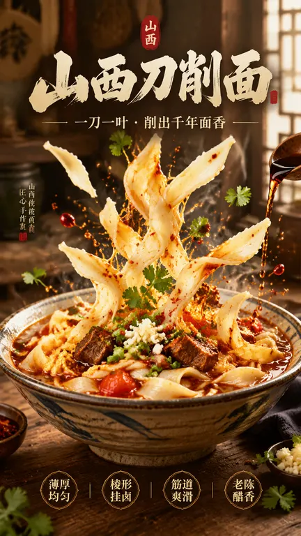 菜品信息】 菜品名称：山西刀削面 菜品类型：刀削面 / 中式面食 核心食材：刀削面条、番茄鸡蛋卤/牛肉卤、香菜、辣椒油、蒜末、陈醋 口感卖点：外滑内筋、棱多耐嚼