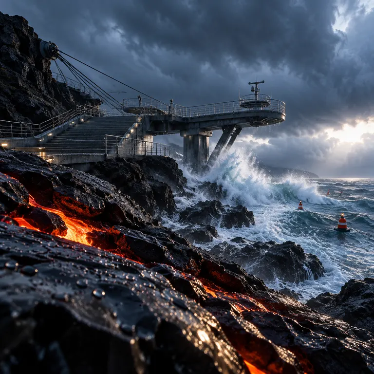 黑色火山海岸上，一座巨型潮汐观测台伸向翻涌海面；岩缝里缓慢流动的熔岩只照亮近处湿润黑曜石，远处暴风云墙被清晨冷光切开，工程钢索、混凝土台阶和警戒浮标均有可信尺度