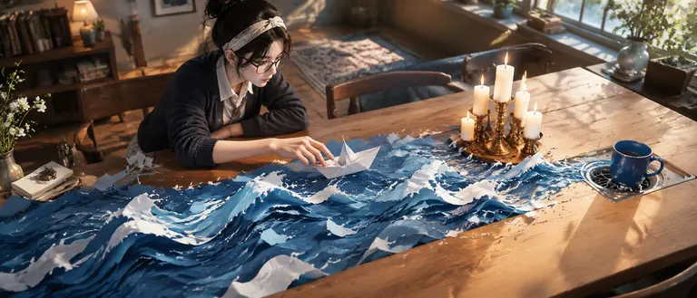 21:9 画幅，长餐桌上的纸质海浪开始漫向烛台，设计师把一艘折纸船推向排水口旁的蓝色杯子。略高机位观察，保留真实的空间组织和人物关系。风格方向：原创可玩游戏场景