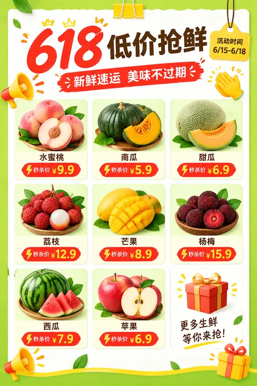 618生鲜电商促销海报，竖版构图，采用清新促销风。背景为黄绿色边框的白色纸张，顶部有夹子装饰，画面上方是醒目的红色大字“618”和深棕色标题“低价抢鲜”，右侧挂