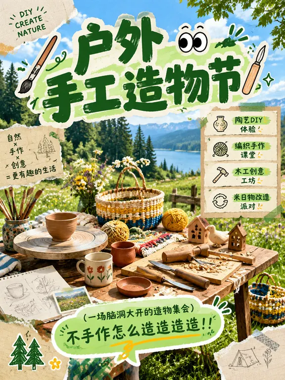 拼贴艺术风格，创作「户外手工造物节」主题海报。 主视觉：中心呈现户外手工创作场景，摆放手工桌，桌上有陶艺转盘、编织材料、木 工工具、手工成品（陶艺杯、编织篮）等
