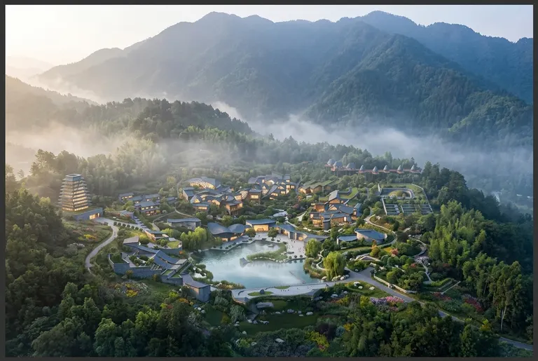 为底图进行精致完整的配景，保持整体建筑结构和场地的一致性，建筑室内添加灯光，建筑以灰瓦，灰色小面砖，木色进行的立面设计，突出明显水系，东方意境，采用清晨薄雾柔光