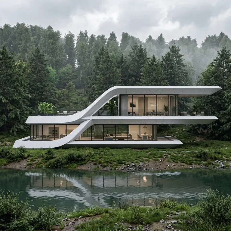 为这张图增加配景，使其变成一张完成后的摄影照片，画面中是小溪边的现代双层别墅，阴天环境，天空灰白，云层厚重，光线柔和均匀，无明显阴影。别墅采用流线型白色屋顶与大