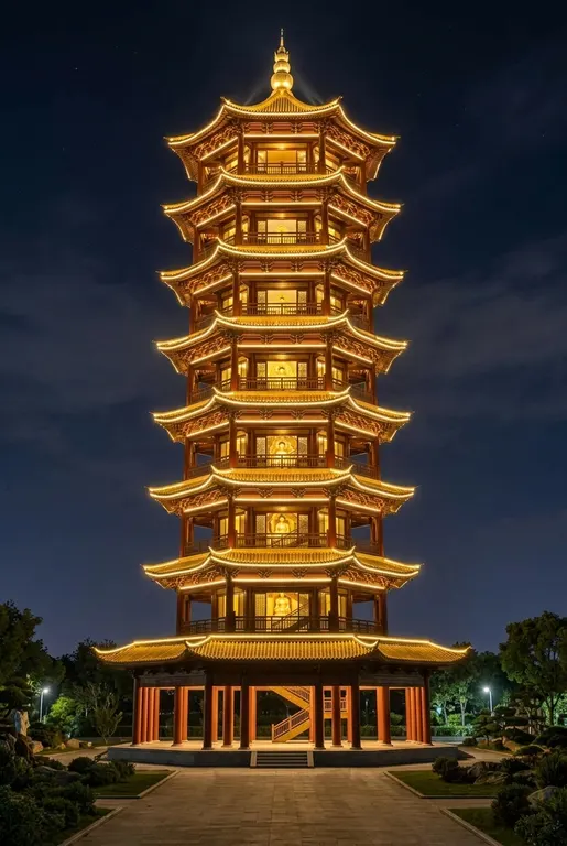 请基于这张古塔效果图，对整个建筑场景进行专业灯光亮化，在飞檐翘角处安装暖金色 LED 灯带，让屋檐轮廓在夜色中灵动舒展，室内亮黄色灯光，透过玻璃可以看到建筑内部