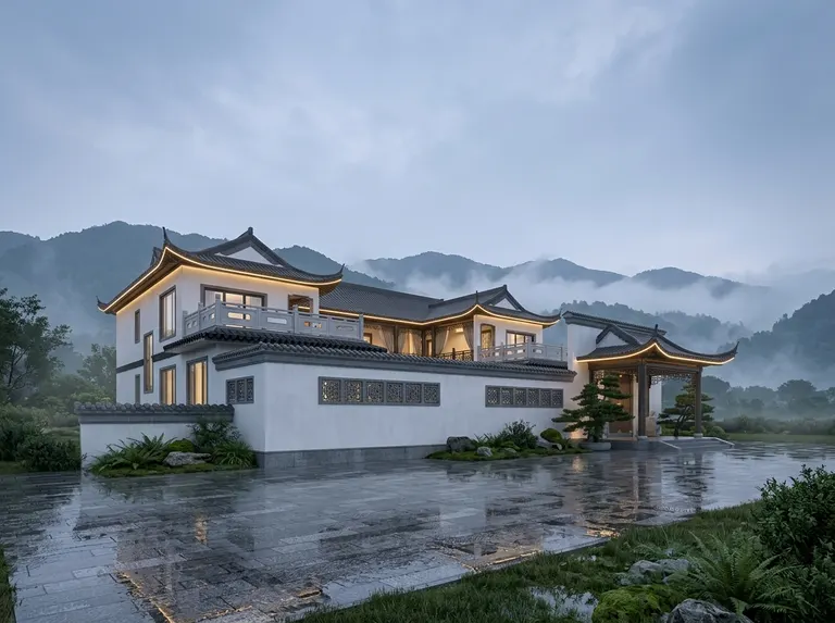 以大师级中式古建实景摄影标准创作这栋中式三合院别墅的雨后黄昏视觉画面，严格保留全部建筑结构，石栏杆，墙面花窗，飞檐雕花等所有中式细节完全不改动，不额外添加任何围